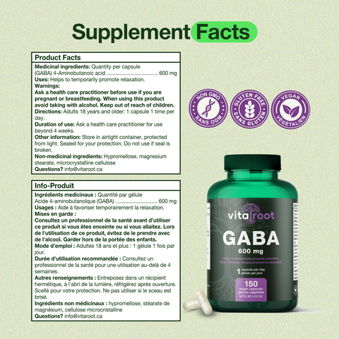 VitaRoot Supplément de GABA 600 mg